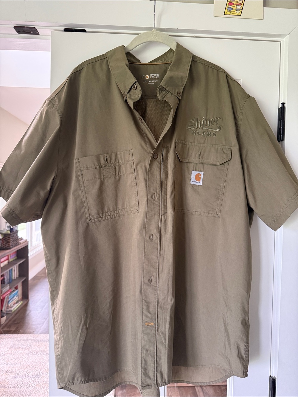 Carhartt Short Sleeve Button-Down Shirt in Olive/Tan - Shiner embroidered